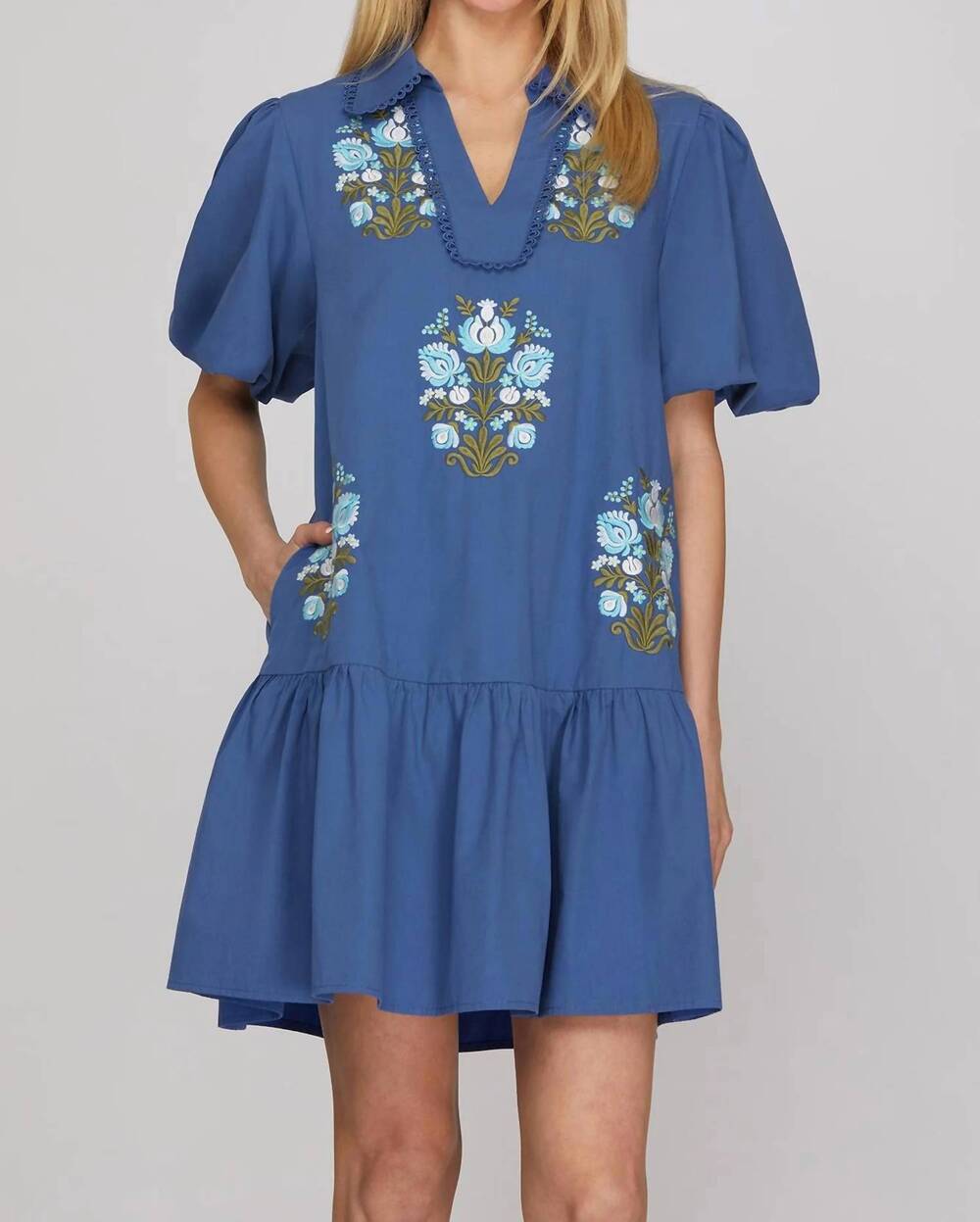 NEW SHE + SKY embroidered collar v-neck dress in blue